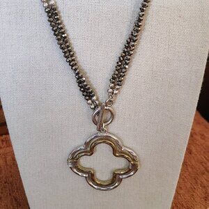 Pewter Silver-Tone Quatrefoil Pendant Necklace Crystal Charm Front Toggle